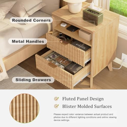 LYNCOHOME Fluted Nightstand with Charging Station, 19.7 inch Wide End Table with 2 Drawers, Modern Wood Bedside Table for Bedroom,Natural,1 Pcs - color: Natural, size: 15"D x 19.7"W x 25.5"H（2 Drawers）