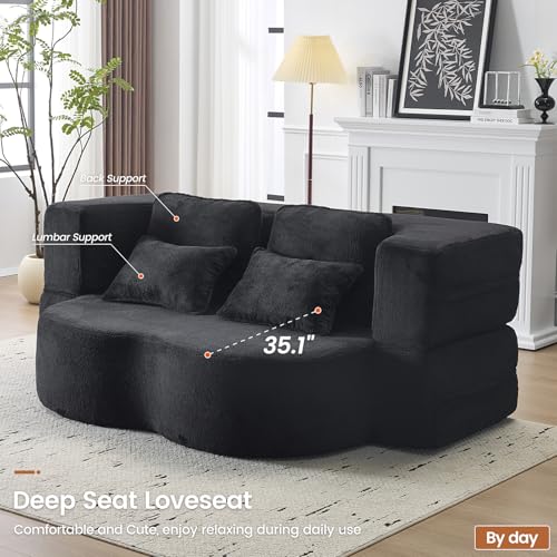 78” Convertible Sofa Bed, Full Size Sleeper Couch, Black | Boneless Folding Loveseat, Deep Seat, Soft Chenille, 4 Pillows, No Assembly, for Guest Living Room Bedroom - color: Black, size: 78"