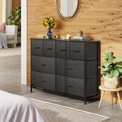 WLIVE Wide Dresser for Bedroom, 8 Drawer Chest of Drawers, Black | 8 roomy fabric drawers, Wide storage design, Bedroom or closet use, Sturdy steel frame, Smooth wood tabletop - color: Black, style: 8 Drawers