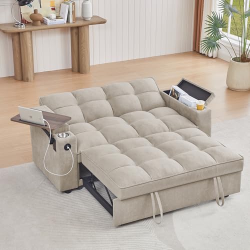 65" Cloud Couch Sleeper Sofa Bed with USB Charging Port & Side Pocket, Chenille Fabric Pull-Out Sofa with Thick Cushions, High Resilience Foam & Pillows for Living Room, Apartment, Small Spaces - color: C-brown