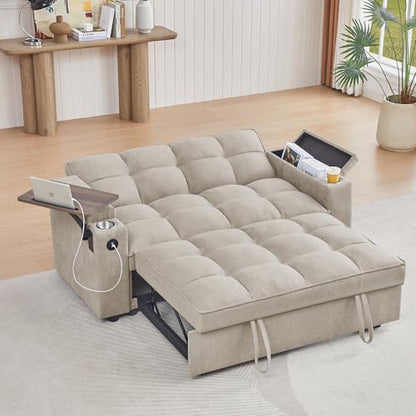 65" Cloud Couch Sleeper Sofa Bed with USB Charging Port & Side Pocket, Chenille Fabric Pull-Out Sofa with Thick Cushions, High Resilience Foam & Pillows for Living Room, Apartment, Small Spaces - color: C-brown