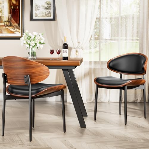 YaFiti Dining Chairs Set of 2, Mid Century PU Leather Kitchen Chairs, Black | Ergonomic Walnut Backrest, Upholstered Waterproof PU Leather Seat, Stable Metal Legs, Adjustable Footpads, Apartment Friendly - color: Black Pu
