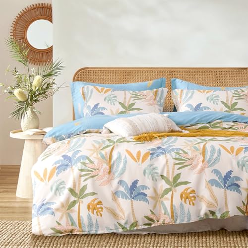LEMIROE Tropical Coastal Blue Cotton Comforter Twin Size 2Pcs - Bright Orange, Olive Green & Beige Palm and Leaf Patterns, Botanical Lightweight Reversible Bedding Sets with Soft Fill(68"×90") - color: Palm Fiesta - Coastal Blue, size: Twin/Twin XL(68"×90
