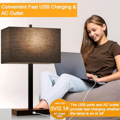 21" Touch Bedside lamps with 2 USB & AC Outlets, 3-Way Dimmable Bedside Table Lamps Set of 2 for Bedroom Living Room Office Reading, Black Shade Lamps for Night Stands, 2700K LED Bulbs Included - color: (2 Pack)Black Linen& Matte Black(Base)-2700K Bulbs I
