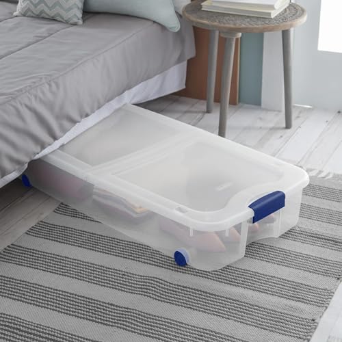 Storage Box, 66 Quart, Clear Underbed Bin with Lid and Wheels, Blue