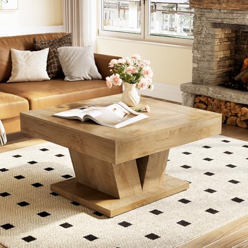 LITTLE TREE Square Coffee Table, Modern Rustic Coffee Table for Living Room, Wooden Table with Adjustable Feet, Oak - color: Oak