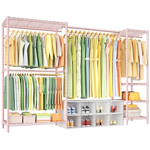 E10 Clothes Rack（With Stretchable Hanger Rod）Freestanding Clothing Racks for Hanging Clothes，Adjustable Closet Organizer System，Portable Garment Rack 73-97"W x 15" D x 72" H，Max Load 800LBS，Pink - color: Pink