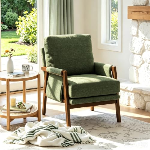 RNKSFX Green Accent Chair for Bedroom & Living Room, Mid Century Modern Accent Arm Chair, Upholstered Anthropologie Accent Chair with Solid Wood Frame, Fabric - color: Green