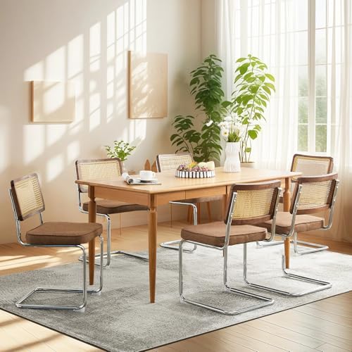 Rattan Dining Chairs Set of 6,Linen Cesca Chair Kitchen Chair,Coffee1 | VICBARLEY Mid Century Modern Dining Chairs,Wood Cane Backrest&Chrome Base,Upholstered Side Chair for Dining Room,Kitchen - color: Coffee1, size: Set of 6