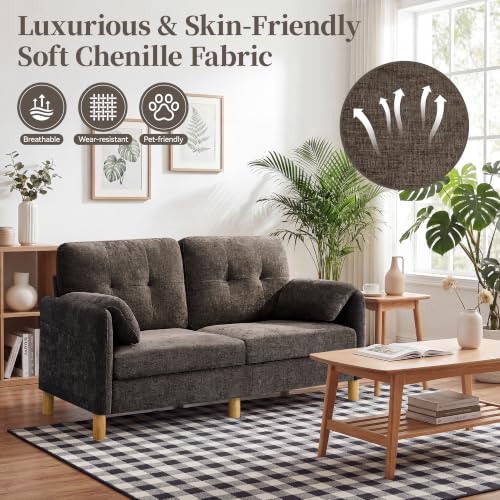Mid Century Modern Couch, 65" Loveseat Sofa, Brown | Storage Pockets, Upholstered Small Loveseat for Small Spaces, Bedroom, Home Office, Apartments - color: Brown