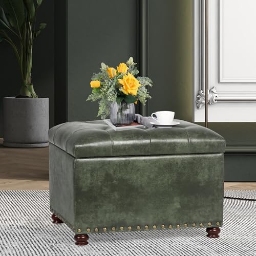 Storage Ottoman Rectangular Tufted Upholstered Ottomans with Rivet, Footrest Footstool Seat with Wood Legs for Living Room Bedroom (Black Green) - color: Black Green