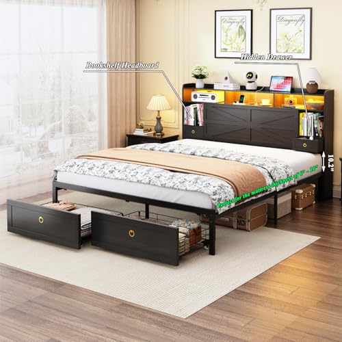 Queen Bed Frame with Storage Headboard, Farmhouse Platform Bed Frame with Bookshelf, Drawers, LED Lights and Charging Station, Metal Slats Support, Noise Free, No Box Spring Needed, Black - size: Queen