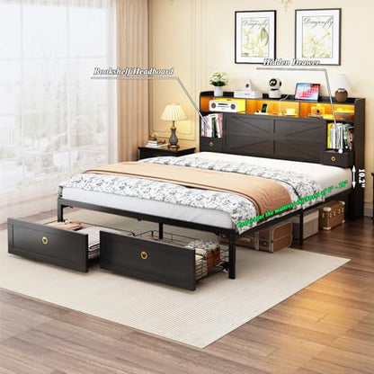 Queen Bed Frame with Storage Headboard, Farmhouse Platform Bed Frame with Bookshelf, Drawers, LED Lights and Charging Station, Metal Slats Support, Noise Free, No Box Spring Needed, Black - size: Queen