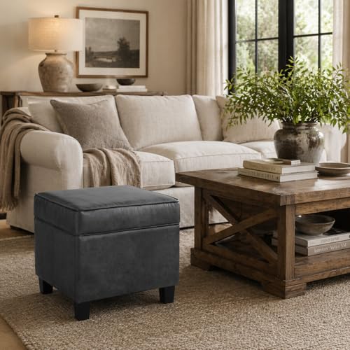 HomePop 18" Classic Square Storage Ottoman - Gray Faux Leather - color: Gray Faux Leather