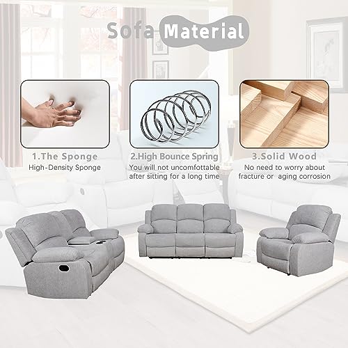A Ainehome Living Room Furniture Set 3 Pieces Grey Microfiber Recliner Sofa Set Loveseat Chair Furniture Sofa Set for Living Room/Rv/House/Office/Theater Seating (A-Grey White Microfiber,3 Piece Set) - color: A-grey White Microfiber, size: 3 piece set