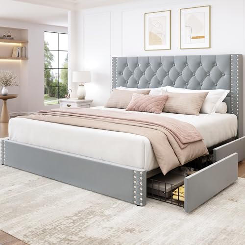King Size Bed Frame with 4 Storage Drawers and Tufted Headboard Velvet Upholstered Platform Bed Frame with Heavy Duty Wood Slats,No Box Spring Needed,Easy Assembly,Bluish Grey - color: Bluish Grey, size: King
