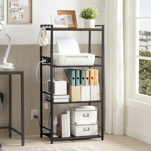 MAHANCRIS Bakers Rack with Power Outlet, Microwave Stand with Hooks, Multifunctional Storage Rack, Coffee Bar with Enclosure, Kitchen Storage Shelf, for Kitchen, Dining Room, Rustic Brown BRHR40E01N1 - color: Rustic Brown