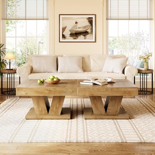 LITTLE TREE Square Coffee Table, Modern Rustic Coffee Table for Living Room, Wooden Table with Adjustable Feet, Oak - color: Oak