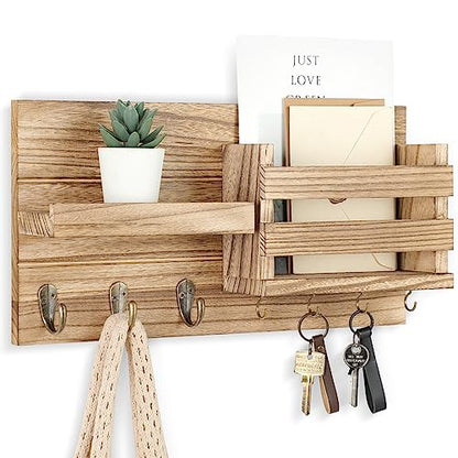 Lwenki Mail Organizer for Wall Mount – Key Holder with Shelf Includes Letter Holder and Hooks for Coats, Dog Leashes – Rustic Wood with Flush Mounting Hardware (16.5” x 8.7” x 3.5”) (Wood) - color: Wood