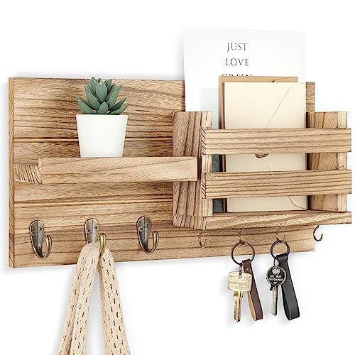 Lwenki Mail Organizer for Wall Mount – Key Holder with Shelf Includes Letter Holder and Hooks for Coats, Dog Leashes – Rustic Wood with Flush Mounting Hardware (16.5” x 8.7” x 3.5”) (Wood) - color: Wood