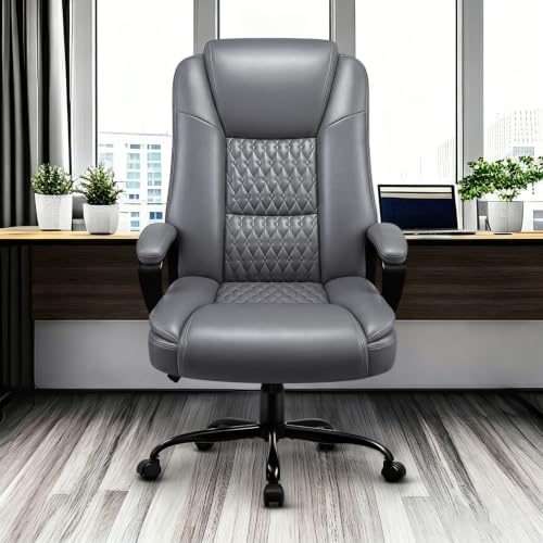 Leather Office Desk Chair,Ergonomic Office Chair with Lumbar Support,Computer Chair,Executive Leather Chair with Padded Flip-up Arm,Adjustable Armrests, Black,275LBS - color: Grey