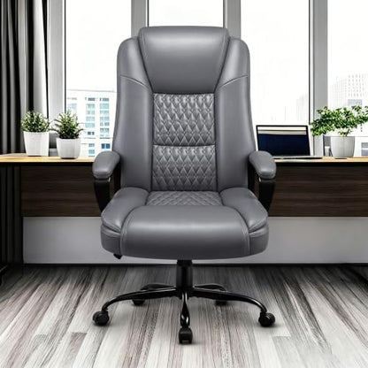 Leather Office Desk Chair,Ergonomic Office Chair with Lumbar Support,Computer Chair,Executive Leather Chair with Padded Flip-up Arm,Adjustable Armrests, Black,275LBS - color: Grey