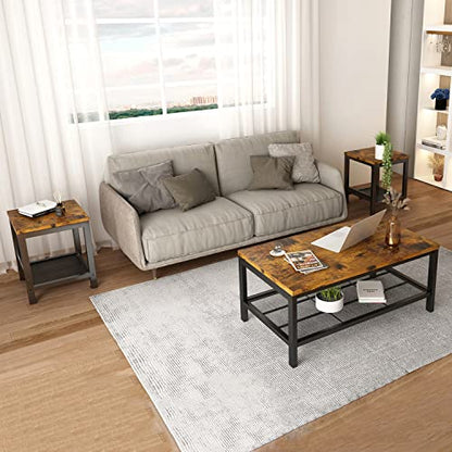 3 Pieces Living Room Table Set, Industrial Coffee Table with 2 Square End Side Tables, Coffee Table Set with Metal Frame for Apartment Home Office, Rustic Brown - color: Rustic Brown