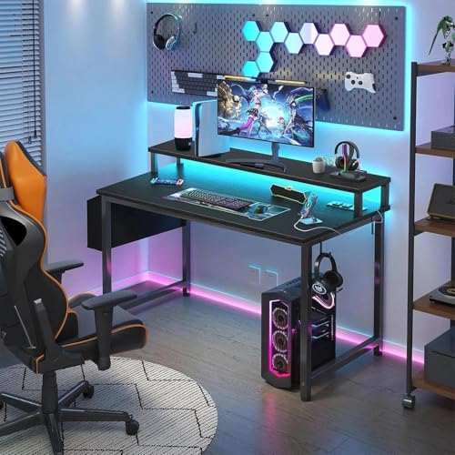 Lufeiya Small Desk with Power Outlets and LED Lights, 32 Inch Teen Writing Study Table Home Office Computer Desks with Monitor Stand, Gaming Desk with Charging Station, Black - color: Black, size: 31.5"