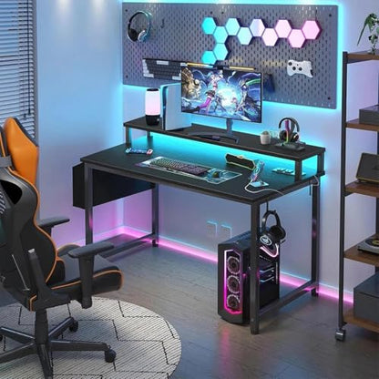 Lufeiya Small Desk with Power Outlets and LED Lights, 32 Inch Teen Writing Study Table Home Office Computer Desks with Monitor Stand, Gaming Desk with Charging Station, Black - color: Black, size: 31.5"