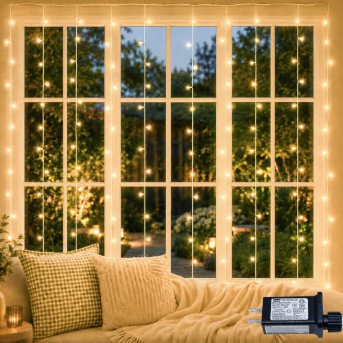 HEYFUNi 304 LED Curtain Lights Outdoor, 9.8FT x 9.8FT Warm White | Hanging String Lightsfor Dorm Room, Plug in, 8 Modes Connectable Fairy Lights for Bedroom, Christmas, Backdrop, Wedding Decor - color: Warm White, size: 9.8ft*9.8ft