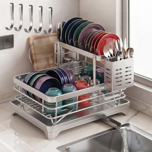 Stainless Steel Dish Drying Rack for Kitchen Counter, 2-Tier Dish Racks for Kitchen Counter, Compact Dish Drainer with Auto-Drainboard & Utensil Holder for Plates, Bowls, Cups and Cutlery (C-1) - color: C-1