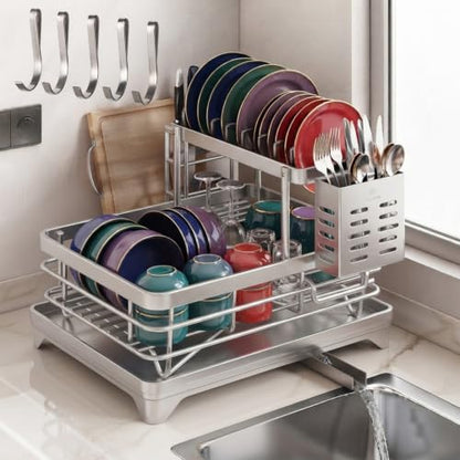 Stainless Steel Dish Drying Rack for Kitchen Counter, 2-Tier Dish Racks for Kitchen Counter, Compact Dish Drainer with Auto-Drainboard & Utensil Holder for Plates, Bowls, Cups and Cutlery (C-1) - color: C-1