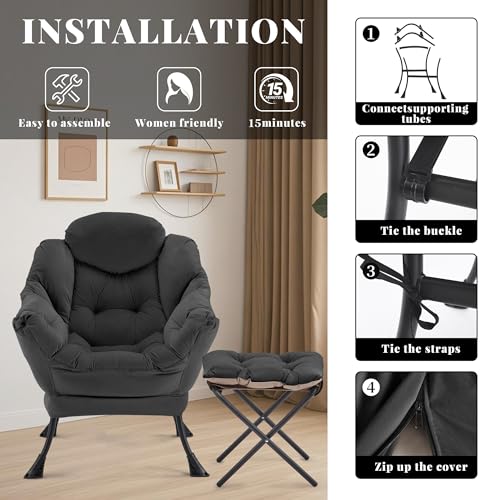 Lazy Chair with Ottoman, Comfy Reading Chair, Black | Cushioned Seat with Foldable Ottoman and Side Pocket, Lounge Chair for Bedroom, Living Room, Dorm and Small Spaces - color: Black