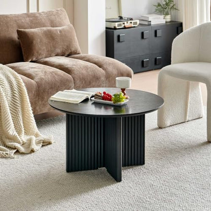 27" Round Coffee Table, Modern Coffee Tables with Fluted Base, Wooden Circle Accent Center Table for Living Room Small Space Apartment Office, Black - color: Black, size: 27" Cross-leg Table