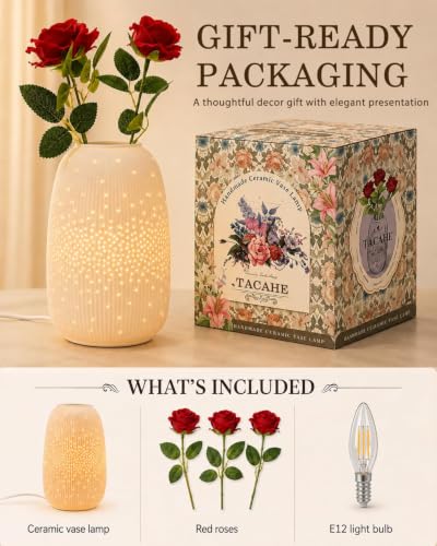 Ceramic Vase Table Lamp, 2700K Bulb & 3 Artificial Flowers Included | Handmade Openwork Craft - Inline Switch - E12 Socket - Starry 9.3" - style: Starry