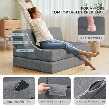 Youzi Folding Sofa Bed Queen, 6 Inches Foam Floor Sofa and Folding Mattress with Washable Cover, Fold Out Couch for Guests, Camping and Travel, Dark Gray, 80" x 60" x 6" - size: Queen