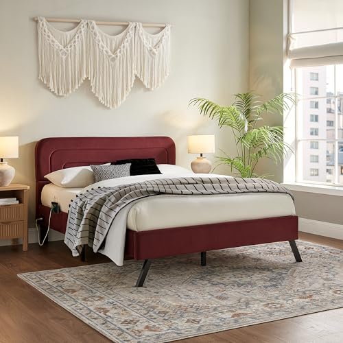 Studio Living® Adaline Upholstered Full Size Bed – Built-in USB-A & USB-C Charging Ports, Dual Power Strip, Fabric Storage Sleeves, Velvet Upholstery, Easy Assembly - color: Burgundy, size: Full