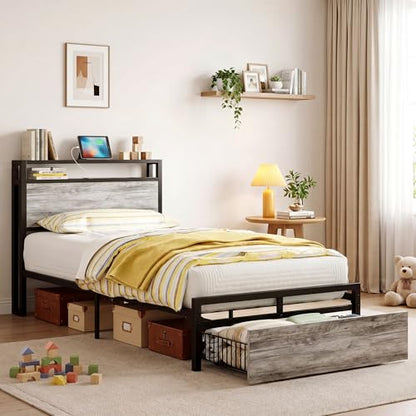 LIKIMIO Twin XL Bed Frames with Drawer and Charging Station, Industrial Gray - color: Industrial Gray, size: Twin XL