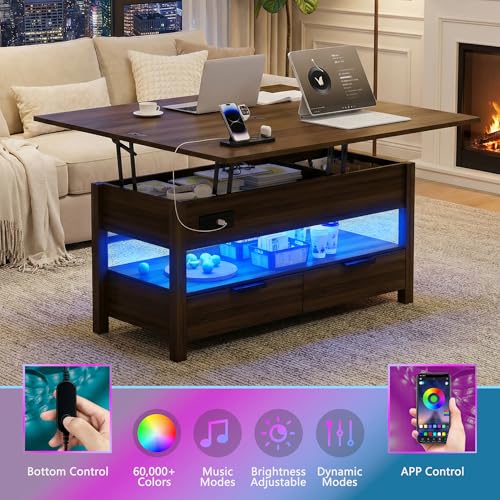 40" Lift Top Smart Coffee Table for Living Room | Power Outlets, LED Lights, Lifting Top, Storage Drawers & Compartments, for 4-6 People, Walnut - color: Walnut