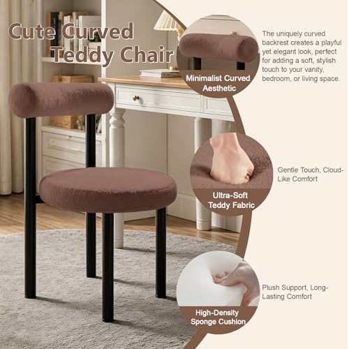 Cute Small Armless Desk Chair, Ergonomic Comfy Vanity Chairs Lumbar Support with Back for Makeup, Teddy Fabric Computer Desk Chair for Home, Bedroom, Vanity, Teens, Adults - color: Brown
