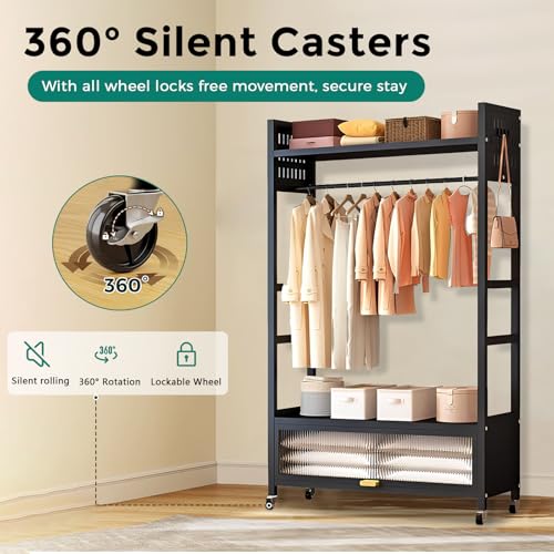 Heavy Duty Clothes Rack with Frosted Storage Cabinet, 520 Lbs Load Capacity Rolling Garment Rack with 360° Lockable Wheels, 4 Hooks & Top Shelf, Modern Metal Closet Organizer for Bedroom, White