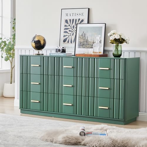 Fluted 9 Drawer Dresser,59"Wide Modern Chest of Drawers with Sturdy Base,Wood Closet Organizers,TV Stand,Storage Dresser with 9 Deep Drawers for Bedroom Living Room Hallway Entryway Nursery(Green) - color: 47" Wide Walnut