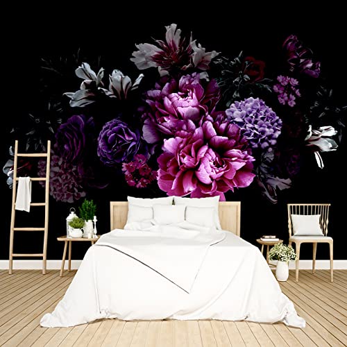 Black Peony Floral Wallpaper Bedroom Purple Botanical Flowers Leaf murals Living Room tv Background Large wall Mural Aesthetic Room Decor - 137"x96" Not Peel and Stick - color: B037, size: 137"x96"
