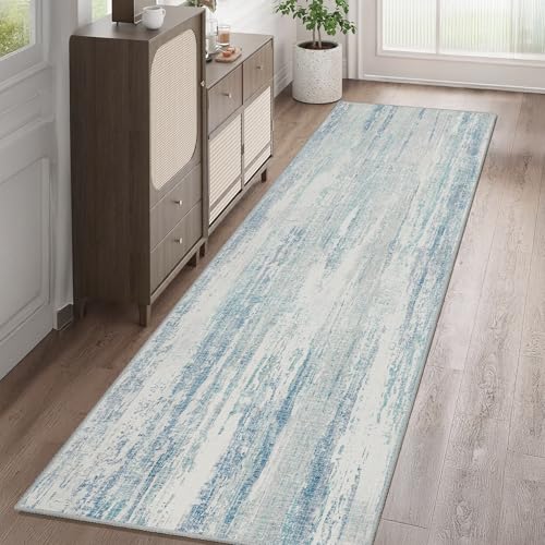 Washable Runner Rug 2x8 Area Rugs Low Pile Non Slip Modern Abstract | Long Throw Carpet Runner for Hallways Kitchen Bedroom Entryway Bathroom Bedside Laundry Floor Accent Neutral Blue - color: Blue, size: 2' x 8' (Rectangular)