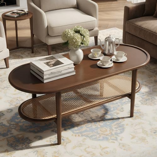 Modern Rattan Coffee Table, 39.5 Oval Walnut Wood Coffee Table with Storage Shelf for Living Room, 2-Tier Center Table Entryway Table Side Table Nightstand for Bedroom Office Small Space Cafe - color: Walnut