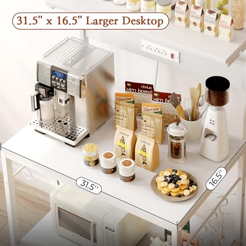 SUPERJARE Bakers Rack with Power Outlets, Microwave Stand, 31.5 X 16.5 Inch Larger Desktop, Kitchen Storage Rack with Adjustable Middle Shelf, 6 S-Shaped Hooks, Coffee Bar Stand, White - color: White, size: 31.5 inch