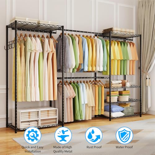 ecobedding Heavy Duty Garment Rack, 900LBS Max Load Freestanding Closet Organizer with 6 Storage Shelves & 3 Adjustable Hanging Rods, Multifunctional (Black, 15.75" D x (69.7~88.2)" W x 79.5" H)