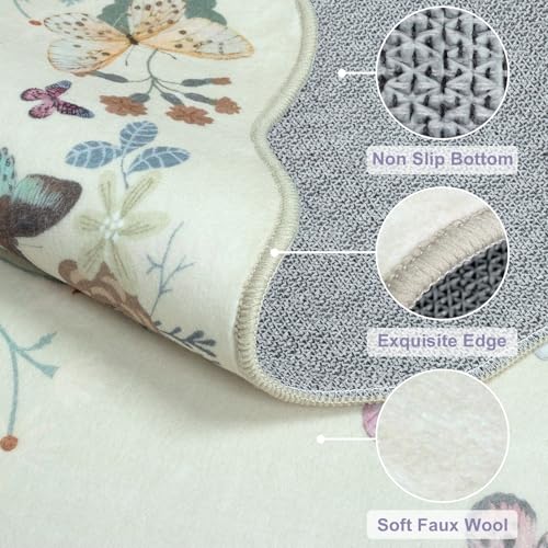 Washable Butterfly Entryway Rug, 2x3 Soft Non-Slip Boho Indoor Door Mat Ultra Thin Small Kitchen Rug, Beige Modern Botanical Floral Scalloped Throw Mat for Bathroom Entrance Bedroom - color: Beige Butterfly, size: 2' x 3'