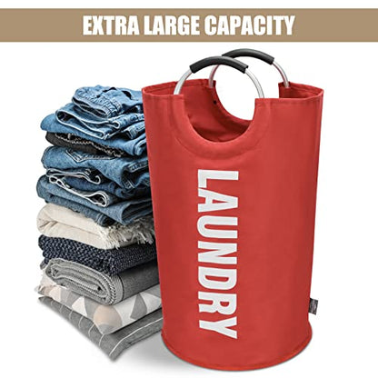 DOKEHOM 90L Large Laundry Basket Bag, Collapsible Tall Hamper, Red | Freestanding tall washing bin & foldable laundry bag. High-capacity clothes storage basket with durable sturdy handles - color: Red, size: 90L