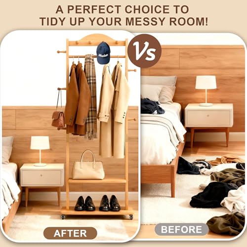 Natural Solid Wood Coat Rack Freestanding with Wheels - Heavy Duty Clothes Rack with 2 Storage Shelves & 9 Hooks, Wooden Coat Rack Stand Hat Hanger Rack for Bedroom Entryway Living Room Hotel - color: Wood